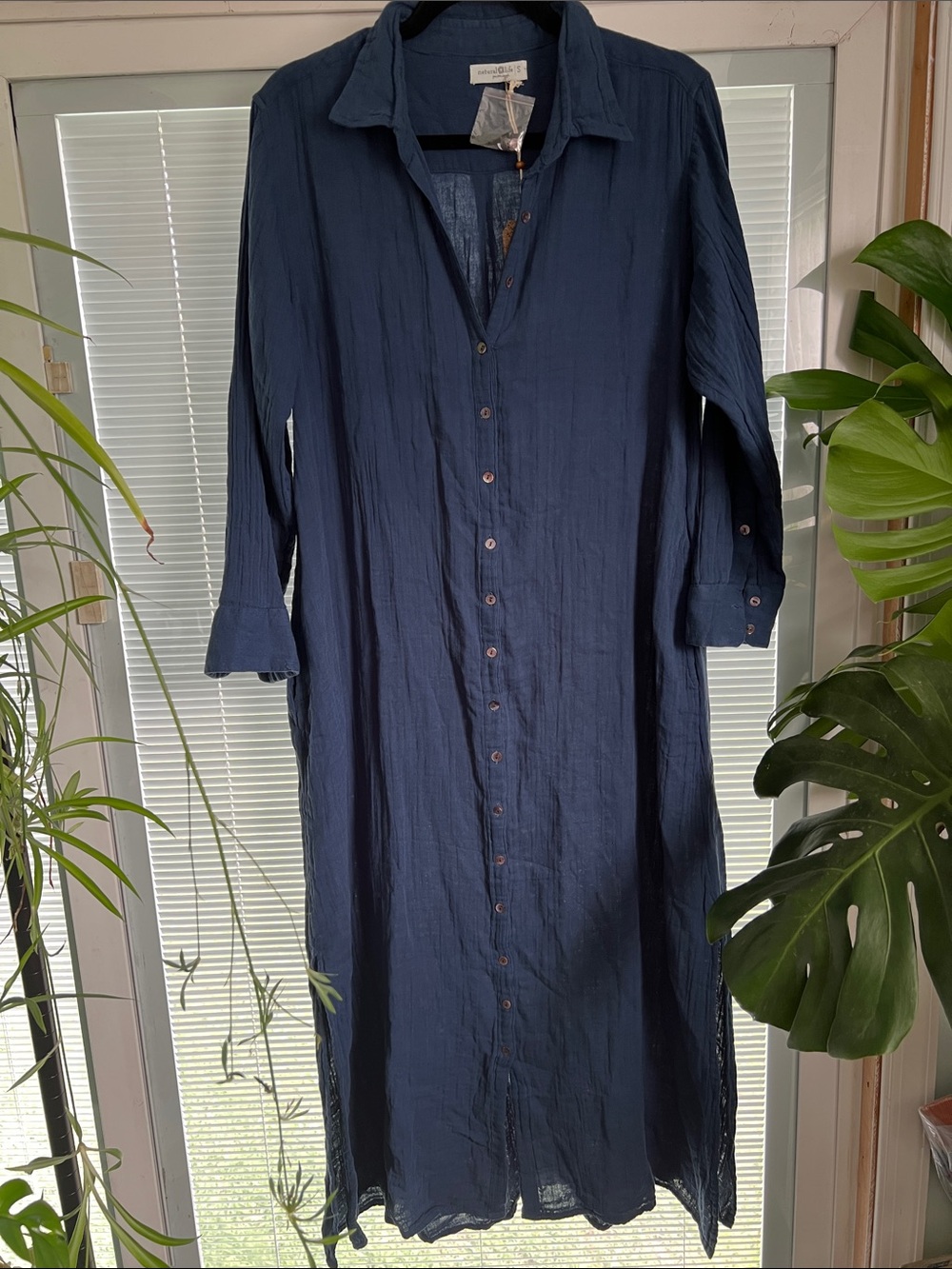 Natural Life Long Sleeve Shirt Dress Gauzy - Blue - S